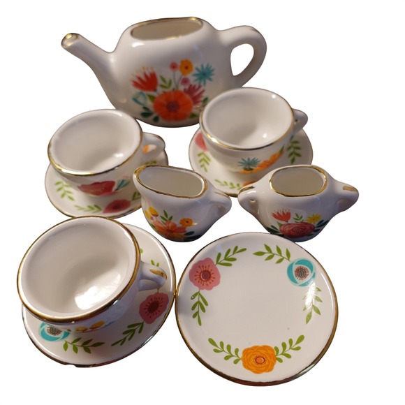 Other - Ceramic Bright Stripes miniature tea set floral pretend playset‎